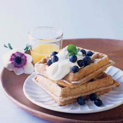 Blue Corn Waffles with Lavender Cream and Fresh Blueberries by Sunset Magazine