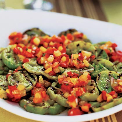 Grilled Green Tomatoes with Red and Yellow Tomato-Basil Salsa