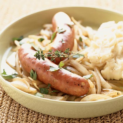 Roasted Sausages with Beer-Braised Onions