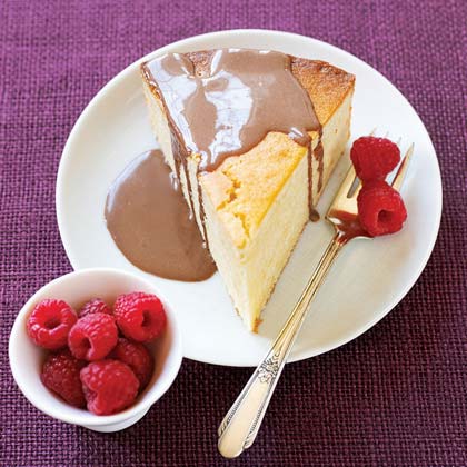 Chocolate Custard Sauce with Cake and Raspberries