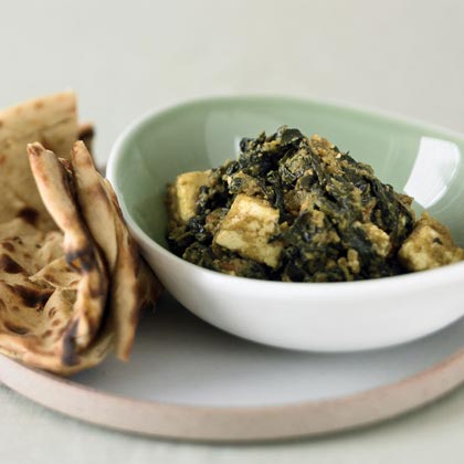 Curried Spinach with Fresh Cheese (Saag Paneer)