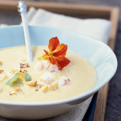 Yellow Squash and Split Pea Soup with Shrimp