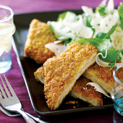 Pork Milanese with Arugula, Fennel, and Parmesan Salad