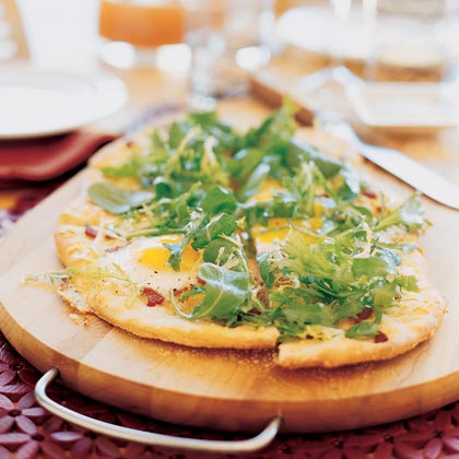 Brunch Flatbread with Eggs, Bacon, and Frisée