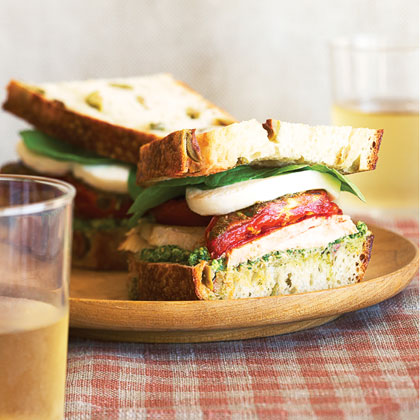 Turkey Sandwiches with Roasted Romas, Fresh Mozzarella, and Arugula-Walnut Pesto