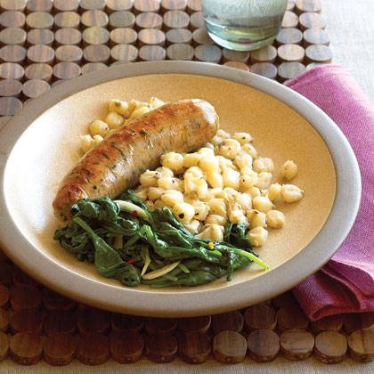 Sausage with Hominy and Spinach
