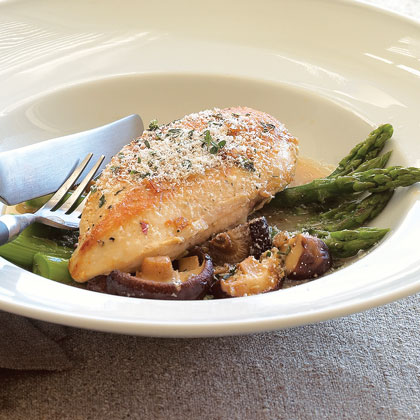Pan-roasted Chicken with Asparagus and Shiitakes