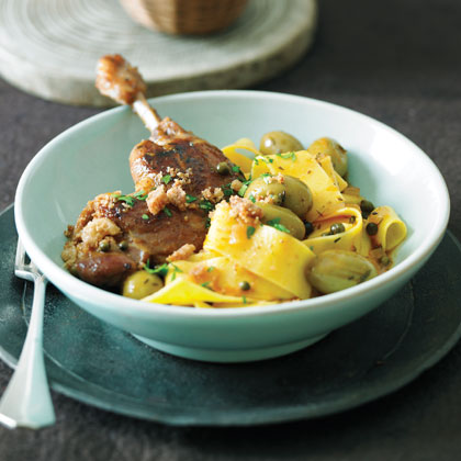Duck Legs in Green Olive Sauce with Cracklings and Pappardelle