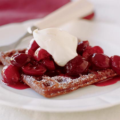 Chocolate Waffles with Poached Cherries