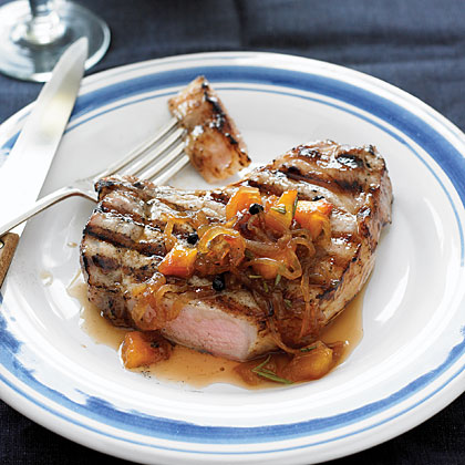 Grilled Pork Chops with Brown-sugar Brine and Onion-Peach Marmalade