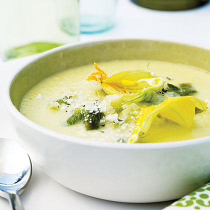Corn Soup with Roasted Poblanos and Zucchini Blossoms