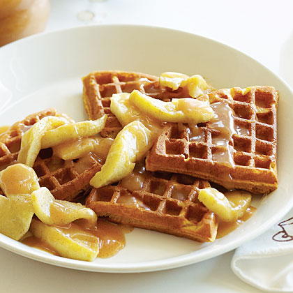 Buttermilk Pumpkin Waffles with Apples and Apple Cider Syrup