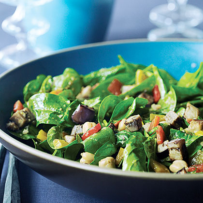 Warm Chickpea, Red Pepper, and Spinach Salad with Harissa