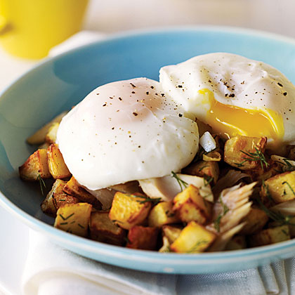 Poached Eggs With Smoked Trout and Potato Hash