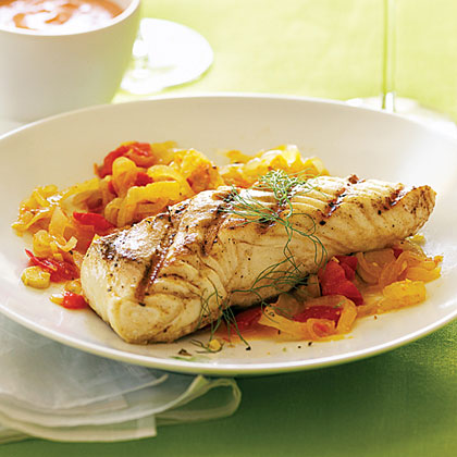 Grilled Halibut with Fennel, Tomatoes, and Roasted Garlic Rouille