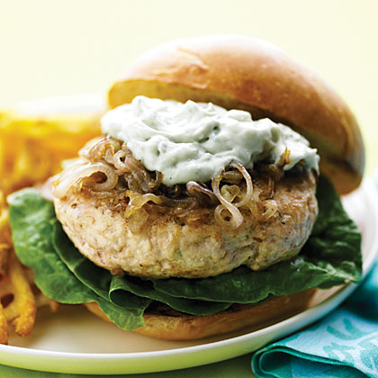 Chicken Burgers with Caramelized Shallots and Blue Cheese