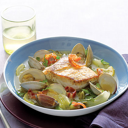 Halibut, Clams, and Pancetta with Escarole