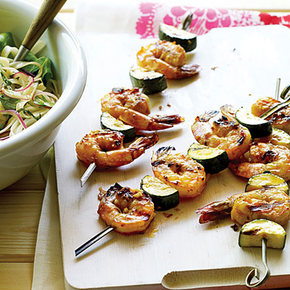 Asian Shrimp and Zucchini Skewers with Noodle Salad