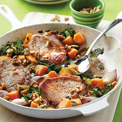 Pork Chops with Butternut Squash, Escarole, and Walnuts
