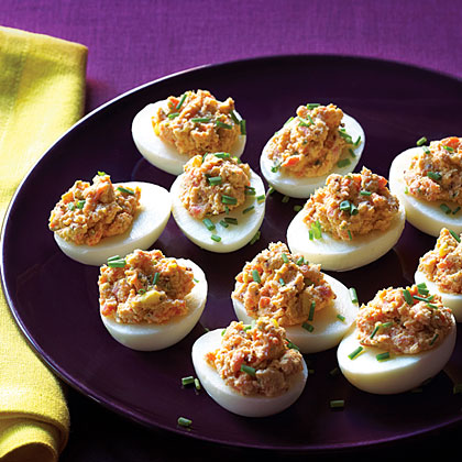 su-Deviled Eggs with Smoked Salmon and Two Mustards