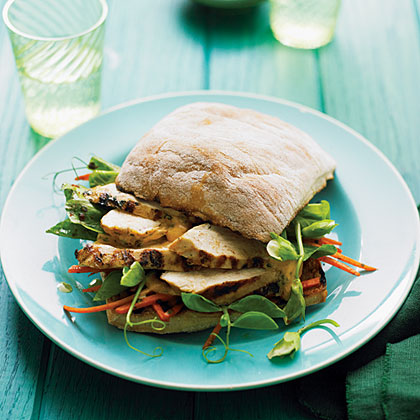 su-Grilled Chicken and Pea Shoot Charmoula Sandwiches