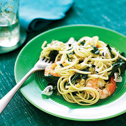 su-Linguine with Fava Greens, Shrimp, and Green Garlic