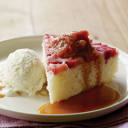 su-Rhubarb Upside-Down Cake with Rosemary Caramel Sauce