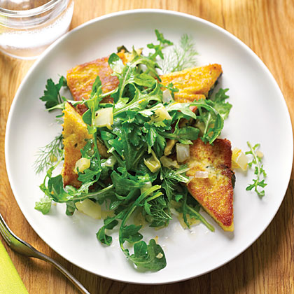 su-Chickpea Cake with Fava Leaves and Arugula Salad
