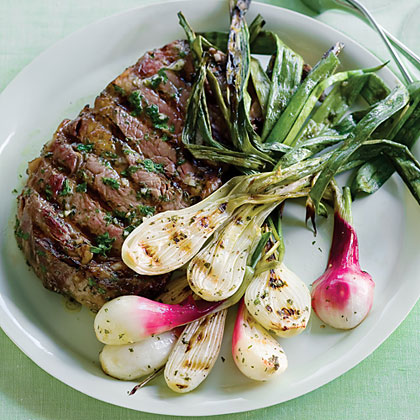 su-Grilled Spring Onions and Rib-Eye