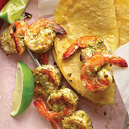 su-Grilled Cilantro and Pistachio Pesto Shrimp Skewers