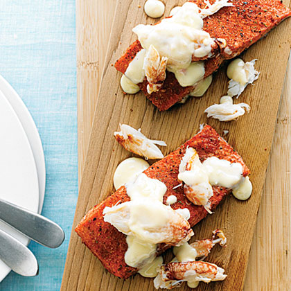 su-Cedar-Planked Salmon with Crab and Citrus Beurre Blanc