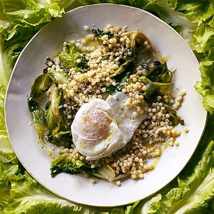 su-Sautéed Escarole with Toasted Pearl Couscous and Poached Eggs