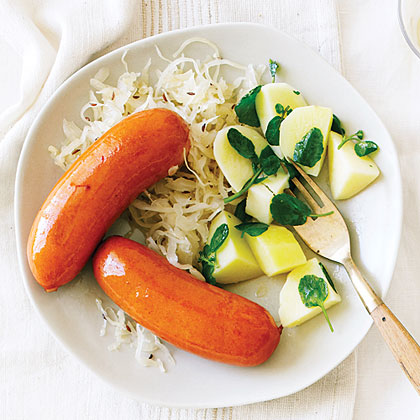 su-Wine-Glazed Sausages with Watercress Potatoes and Sauerkraut
