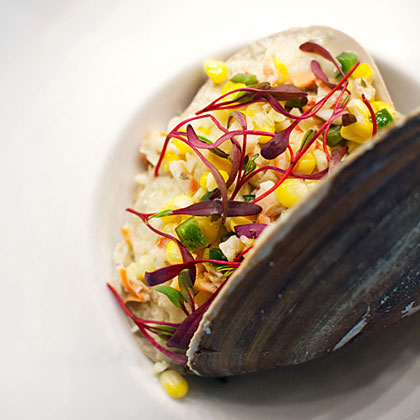 su-Clams Tamalli with Blistered Chile Verde Meunière