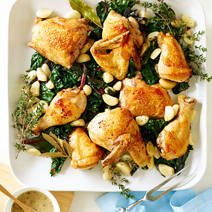 su-Chicken with 40 Cloves of Garlic and Spicy Greens