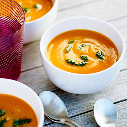 su-Velvety Carrot Soup with Carrot Top Pesto