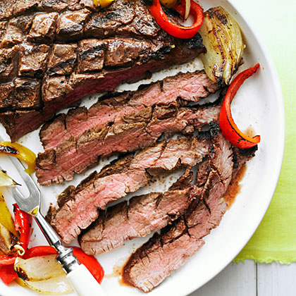 su-Grilled Flank Steak, Onion, and Peppers