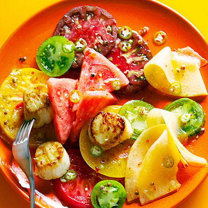 su-Tomato and Melon Salad with Scallops and Pink Peppercorns