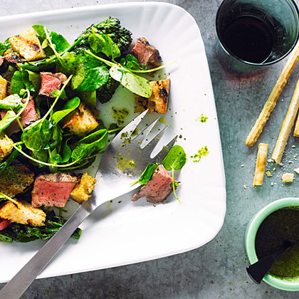 su-Beef, Broccolini, and Bread Salad with Salsa Verde