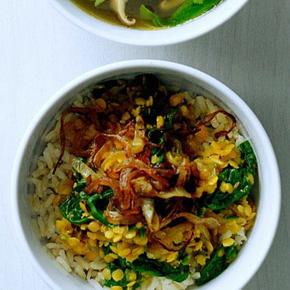 su-Spiced Red Lentils with Caramelized Onions and Spinach