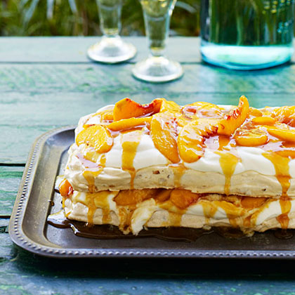 su-Almond Pavlova with Peaches, Cream, and Salted Peach Caramel