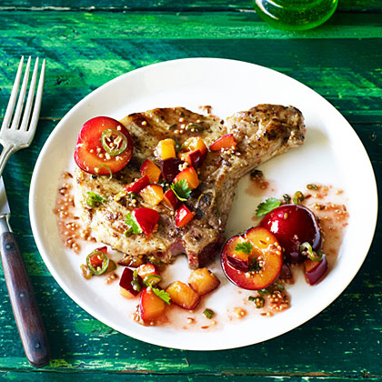 su-Grilled Pork Chops with Fresh Plum Chutney