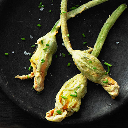 su-Fried Squash Blossoms with Corn and Mozzarella