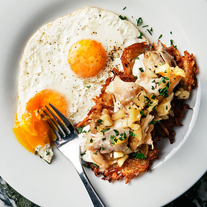 su-Crisp Latkes with Chicken Confit and Eggs