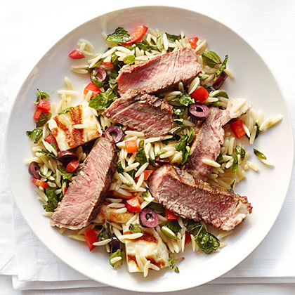 su-Grilled Rib-Eye with Olive Tapenade and Orzo