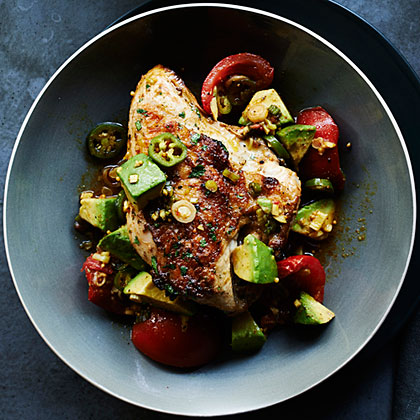 su – Grilled Cilantro Chicken with Pickled Tomato and Avocado Salsa