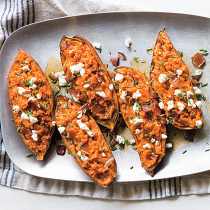 su-Twice-Baked Sweet Potatoes with Bacon and Goat Cheese
