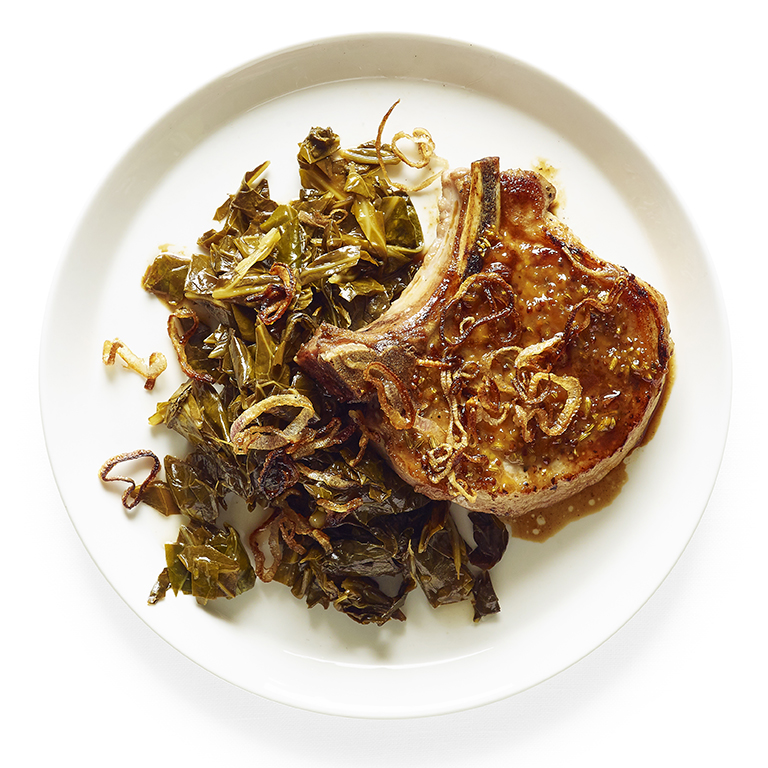 su-Pan-Roasted Pork Chops with Quick Pickled Greens Image