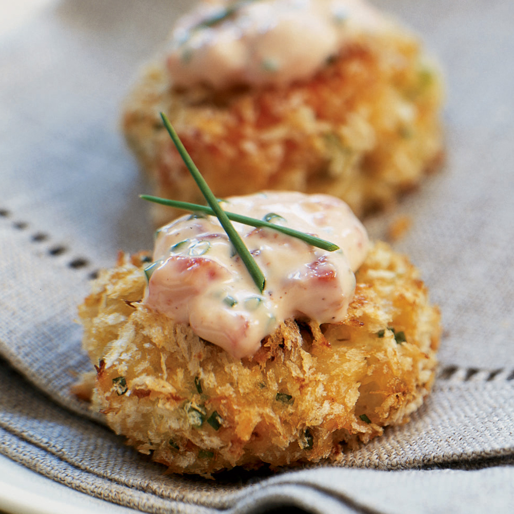 Panko-crusted Crab Cake Bites with Roasted Pepper-Chive Aioli
