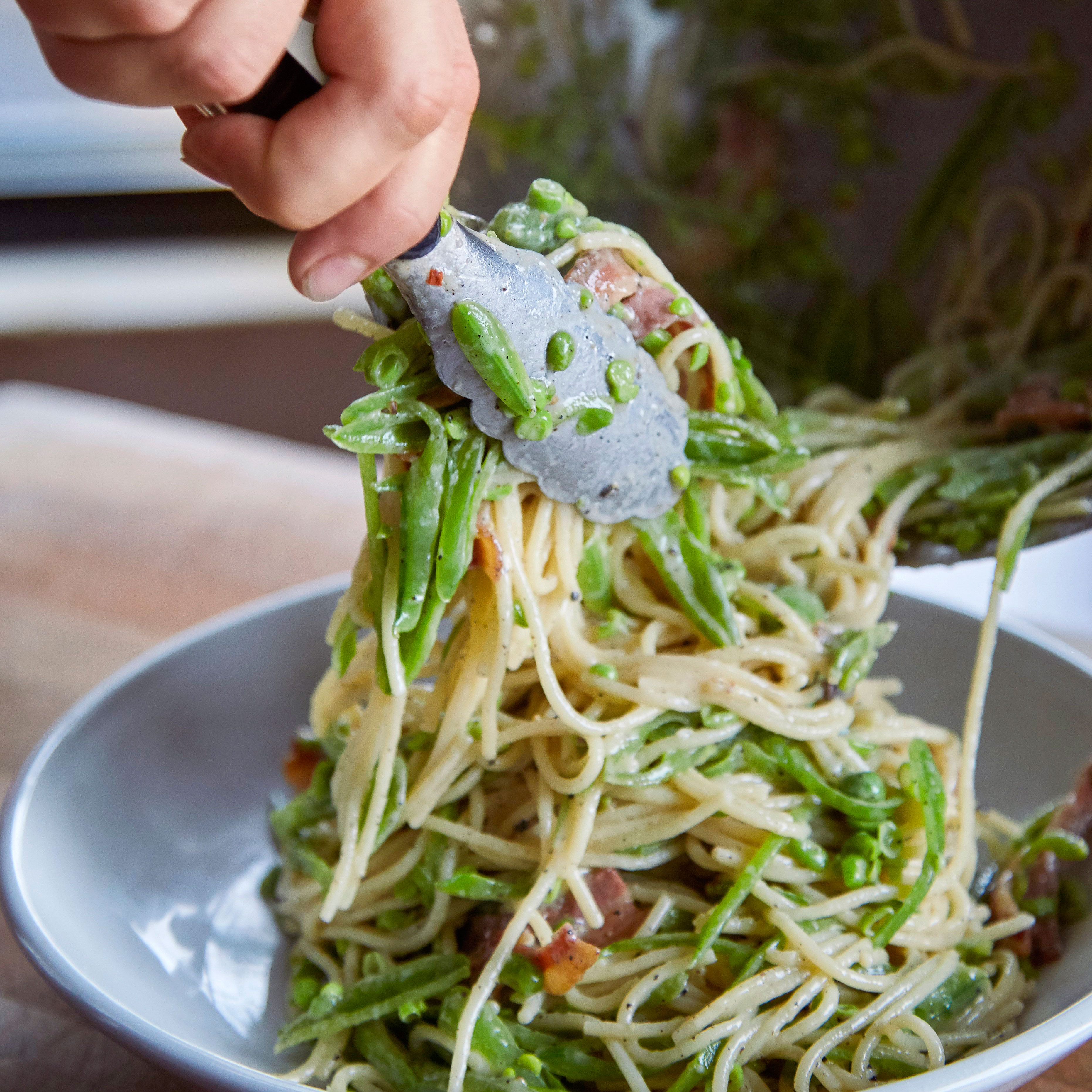 su-Pasta alla Gricia with Slivered Sugar Snap Peas Image